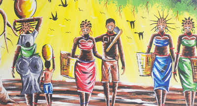„Tägliche Aktivitäten in Afrika“. - Signierte expressionistische Malerei afrikanischer Frauen aus Ghana
