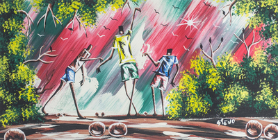 'African Style of Dance' - Signed Expressionist Painting of People Dancing from Ghana