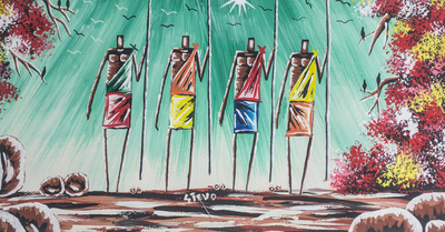 Krieger II - Signierte expressionistische Malerei von Kriegern aus Afrika