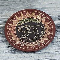 Wood decorative plate, 'Lion Totem' - Hand-Carved Round Roaring Lion Sese Wood Decorative Plate
