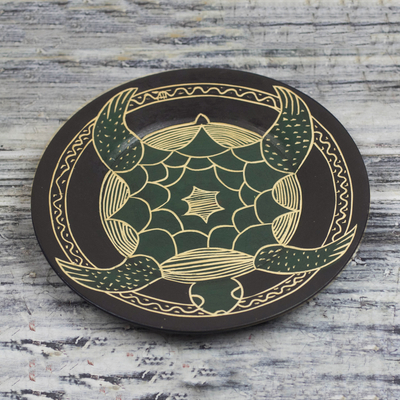 Wood decorative plate, 'Swimming Turtle' - Hand-Carved Round Swimming Turtle Sese Wood Decorative Plate
