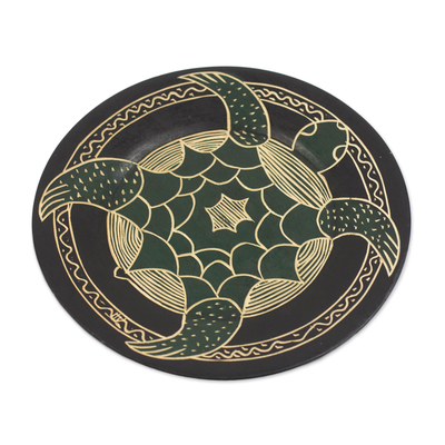 Hand-Carved Round Swimming Turtle Sese Wood Decorative Plate