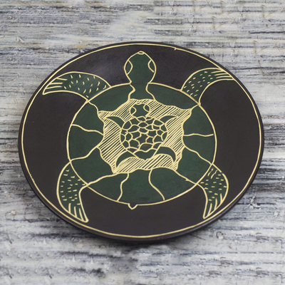 Wood decorative plate, 'Turtle Family' - Hand-Carved Sea Turtle Family Sese Wood Decorative Plate
