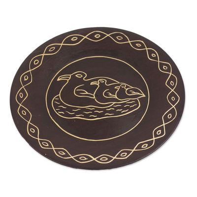 Hand-Carved Wood Mother Duck and Ducklings Decorative Plate