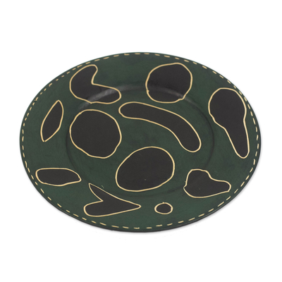 Wood decorative plate, 'Forest Spots' - Handcrafted Brown and Green Sese Wood Decorative Plate