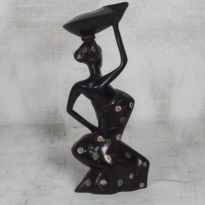 Wood sculpture, 'Saleswoman' - Black Sese Wood Sculpture of a Woman from Ghana