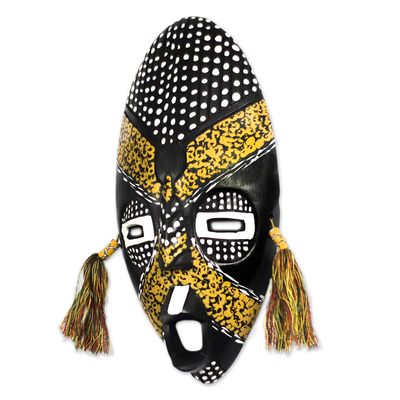 African wood mask, 'Friendly Obenewaa' - Black and Yellow African Wood Mask from Ghana
