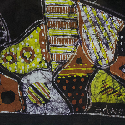 Wandbehang aus Batik-Baumwolle - Abstrakter signierter Batik-Baumwoll-Wandbehang aus Ghana