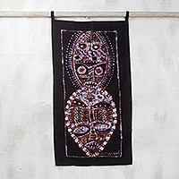 Batik cotton wall hanging, 'King and Queen Mask' - Batik Cotton Wall Hanging of African Masks from Ghana
