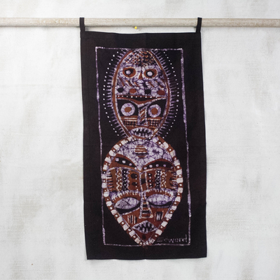Tapiz de pared de algodón batik - Tapiz de pared de algodón batik con máscaras africanas de Ghana