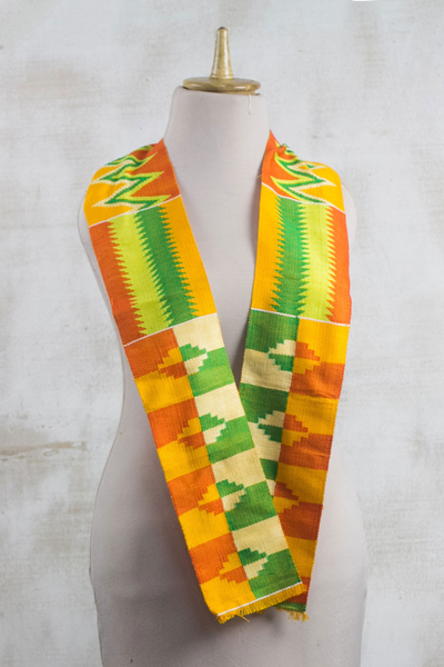 Rayon and cotton blend scarf, 'Kente Royalty' (4.5 inch) - Rayon and Cotton Blend Kente Scarf in Orange (4.5 in.)