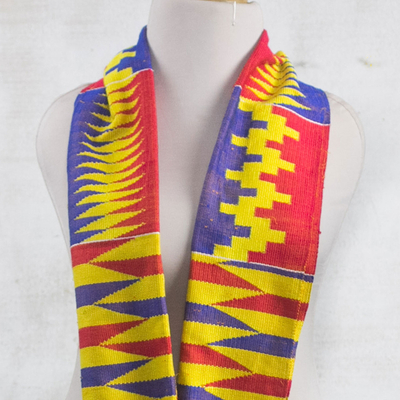 Cotton blend kente cloth scarf, 'Obaapa' (10 inch width) - Colorful Cotton Blend Kente Scarf from Ghana (10 inch width)