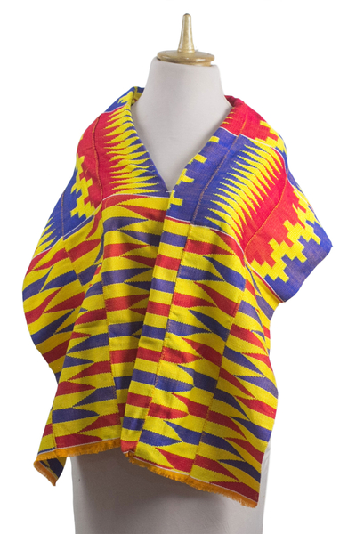 Cotton blend kente cloth scarf, 'Obaapa' (14 inch width) - Red Blue and Yellow Cotton Blend Kente Scarf (14 inch width)