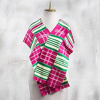 Rayon and cotton blend scarf, 'Kente Desire' (9.5 inch) - Rayon and Cotton Blend Kente Scarf in Cerise (9.5 in.)