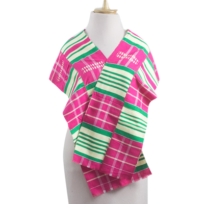 Rayon and cotton blend scarf, 'Kente Desire' (9.5 inch) - Rayon and Cotton Blend Kente Scarf in Cerise (9.5 in.)