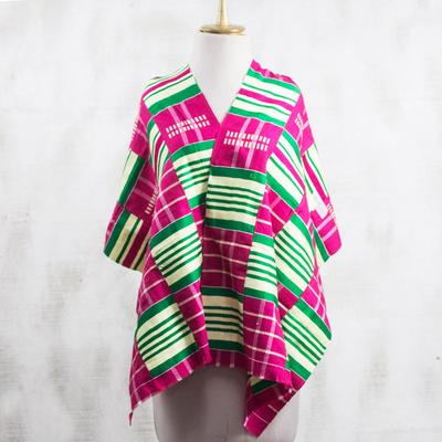 Rayon and cotton blend shawl, 'Kente Desire' (19 inch) - Rayon and Cotton Blend Kente Shawl in Cerise (19 in.)