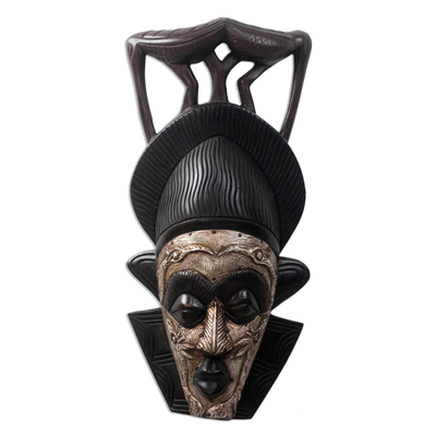 Bird-Themed African Wood and Aluminum Mask from Ghana