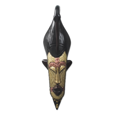 African wood mask, 'Akosombo Adornment' - Hand-Carved Sese Wood and Etched Brass African Mask