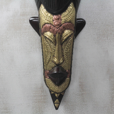 African wood mask, 'Akosombo Adornment' - Hand-Carved Sese Wood and Etched Brass African Mask