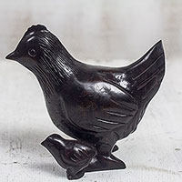 Wood sculpture, 'Hen Mother' - Wood Mother and Child Chicken Sculpture from Ghana