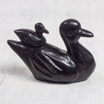 Wood sculpture, 'Duck Mother' - Wood Mother and Child Duck Sculpture from Ghana