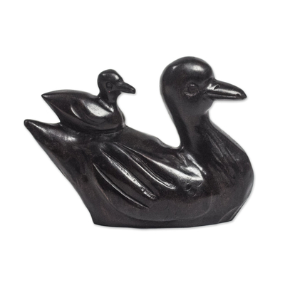 Wood sculpture, 'Duck Mother' - Wood Mother and Child Duck Sculpture from Ghana
