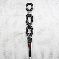 Wood walking stick, 'Winding Path' - Hand Carved Onyx Sese Wood Walking Stick from Ghana