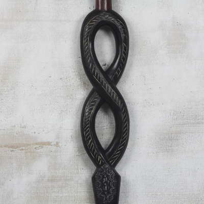 Wood walking stick, 'Winding Path' - Hand Carved Onyx Sese Wood Walking Stick from Ghana