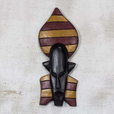 African wood mask, 'Royal Stripes' - Striped African Wood Mask Crafted in Ghana