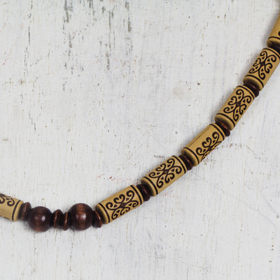 Wood and recycled plastic beaded long necklace, 'Subtle Touch' - Cylindrical Wood and Recycled Plastic Beaded Necklace