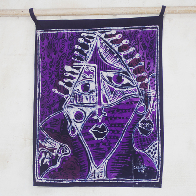 Batik cotton wall hanging, 'Purple Oju Orisha' - Signed Batik Cotton Wall Hanging in Purple from Ghana