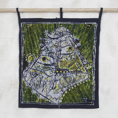 Wandbehang aus Batik-Baumwolle, 'Elerin Maske'. - Afrikanische Maske aus Batik-Baumwolle von Ghana hängend