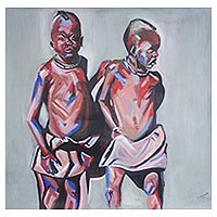 'Child Neglect' (2017) - Signed Expressionist Painting of Two African Children (2017)