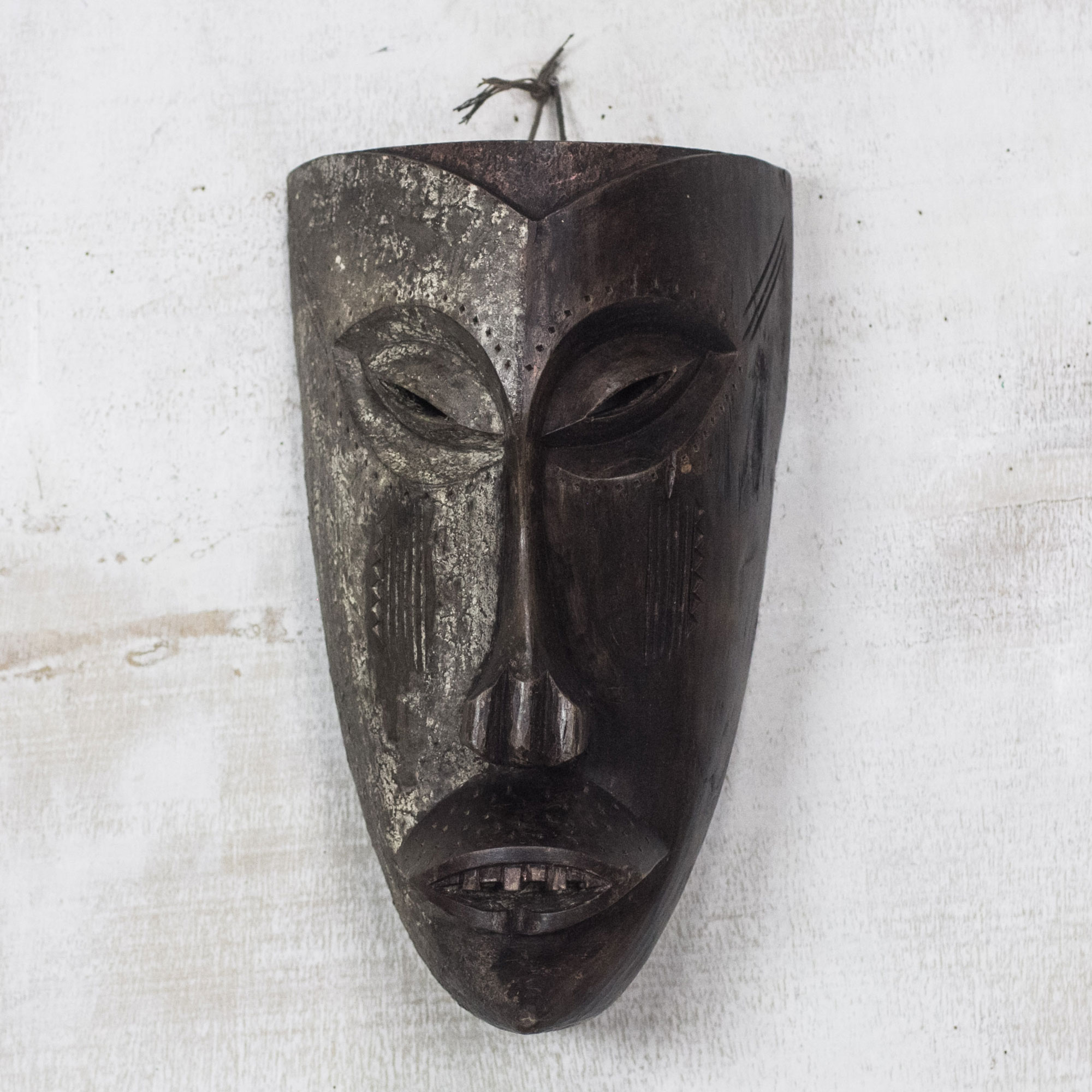 Hand Carved Antiqued Sese Wood Wall Mask From West Africa Solemn