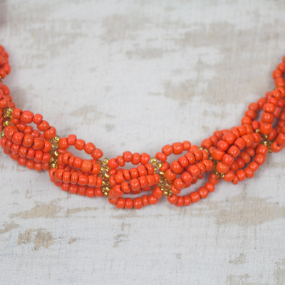 Beaded necklace, 'Orange Serenity' - Recycled Orange Plastic Woven Lace Statement Necklace