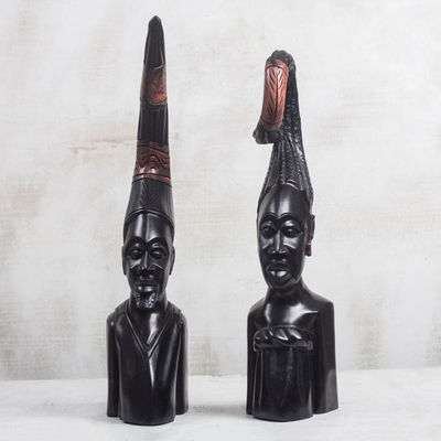 Wood sculptures, 'African Couple' (pair) - Hand-Carved Wood Man and Woman Sculptures from Ghana (Pair)