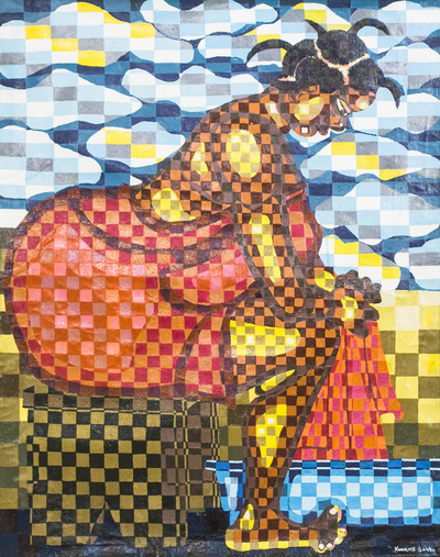 'Cleanliness' - Signed Expressionist Painting of a Woman Cleaning from Ghana