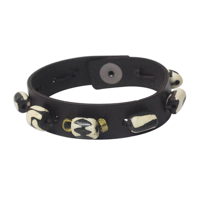 Batik bone and leather beaded wristband bracelet, 'Traditional Fusion' - Batik Bone and Leather Wristband Bracelet from Ghana