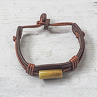 Men's horn and leather wristband bracelet, 'Bound' - Men's Horn and Leather Wristband Bracelet from Ghana