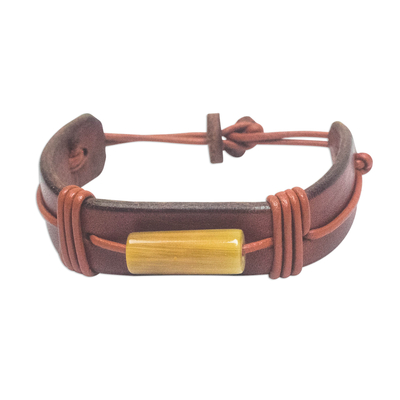 Men's horn and leather wristband bracelet, 'Bound' - Men's Horn and Leather Wristband Bracelet from Ghana