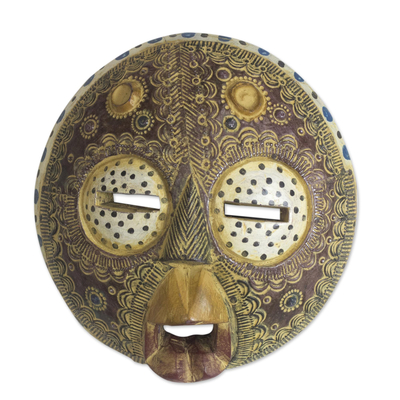 Afrikanische Holzmaske - Handgefertigte runde afrikanische Schutzmaske aus Holz und Repousse