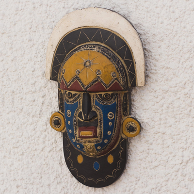 African wood mask, 'Ornate Visage' - Colorful African Wood Mask from Ghana