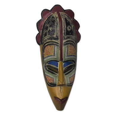 Colorful African Glass Beaded Wood Mask from Ghana