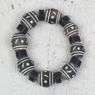 Ceramic and recycled plastic beaded stretch bracelet, 'Dark Champion' - Ceramic and Recycled Plastic Beaded Stretch Bracelet