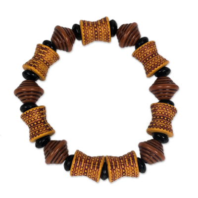 Recycled plastic beaded stretch bracelet, 'Brown Style' - Recycled Plastic Beaded Stretch Bracelet in Brown from Ghana