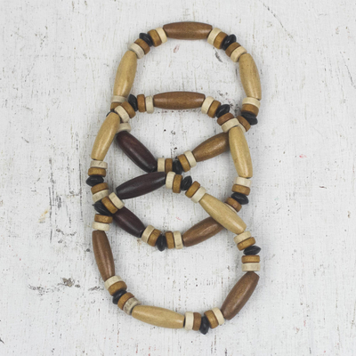 Wood beaded stretch bracelets, 'Traditional Aesthetic' (set of 3) - Sese Wood Beaded Stretch Bracelets from Ghana (Set of 3)