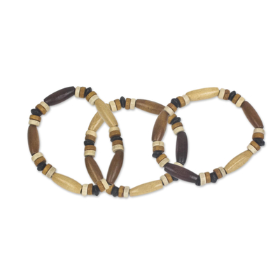 Stretch-Armbänder aus Holzperlen, (3er-Set) - Sese-Holzperlen-Stretch-Armbänder aus Ghana (3er-Set)
