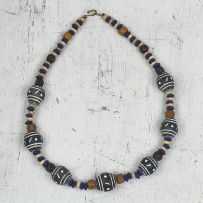 Wood and ceramic beaded necklace, 'Boho Beauty' - Handmade Sese Wood and Ceramic Beaded Necklace from Ghana