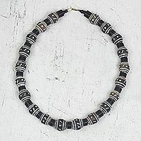 Ceramic and recycled plastic beaded necklace, 'Dark Champion' - Ceramic and Recycled Plastic Beaded Necklace from Ghana