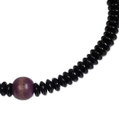 Wood and recycled plastic beaded pendant necklace, 'Mystic Orb' - Purple Wood and Recycled Plastic Beaded Pendant Necklace